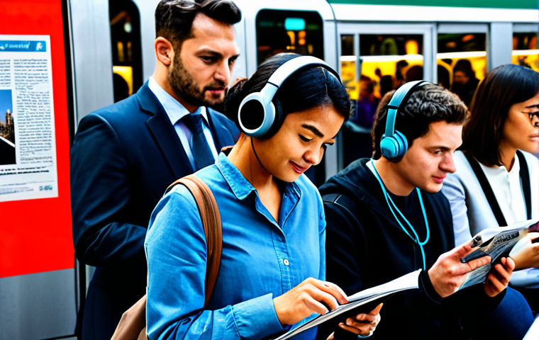 **
A diverse group of people, fully clothed in professional and casual attire, are depicted engaging with various news platforms: a woman listening to a podcast on headphones during her commute, a man reading a newspaper at a cafe, and a young adult scrolling through a news app on their phone. The background subtly blends iconic landmarks from around the world, symbolizing global news. Emphasize the importance of media literacy with a subtle watermark that reads "Think Critically." Safe for work, appropriate content, professional, perfect anatomy, natural proportions, well-formed hands, proper finger count.
**